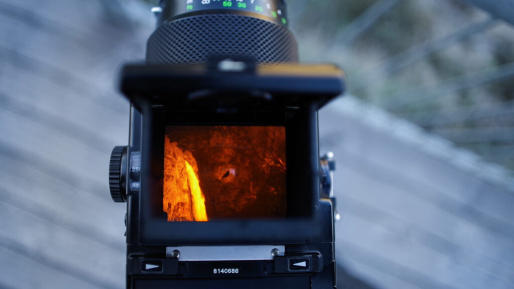 Looking through the waist level viewfinder on the Bronica ETRSi